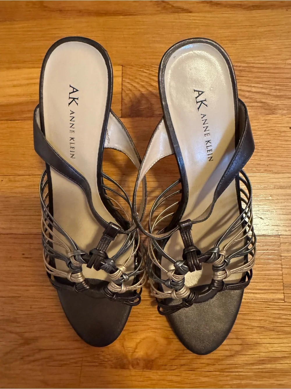 Anne Klein Black and Cream Braided Ring-Accent Heeled Sandals